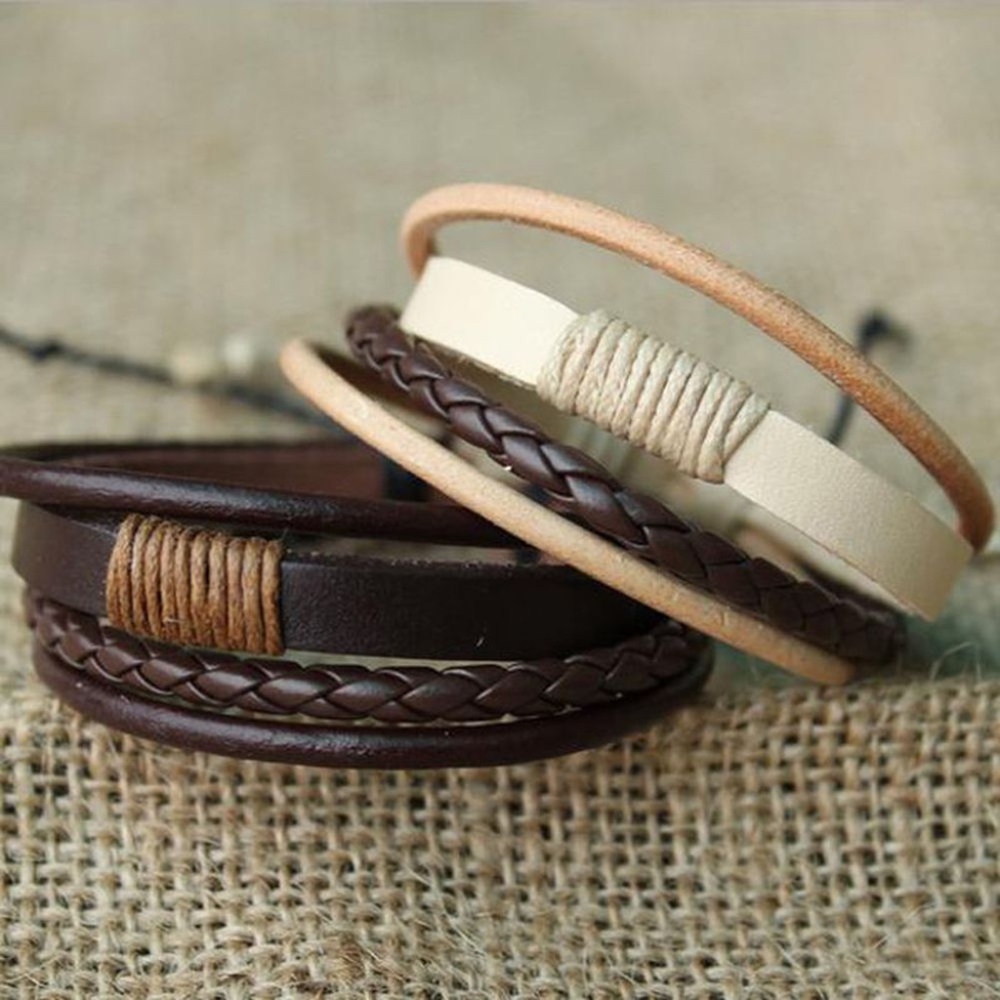 Multilayer Brown Braided Leather Cuff Bracelet - Picture 4 of 5